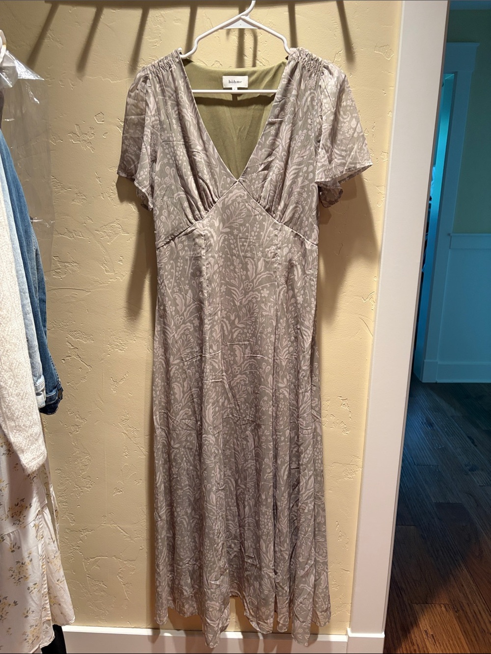 Reformation Gray Paisley V-Neck Maxi Dress